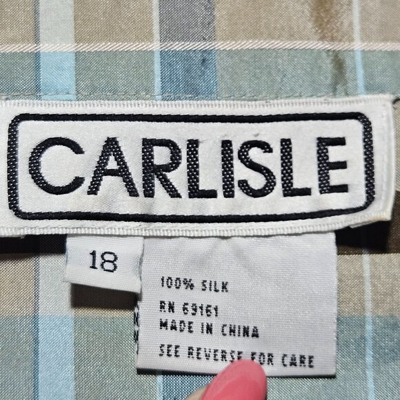 Carlisle Womens Plaid Button-Up Shirt 3/4 Sleeves Size 18 100% Silk Beige & Blue - Picture 5 of 11
